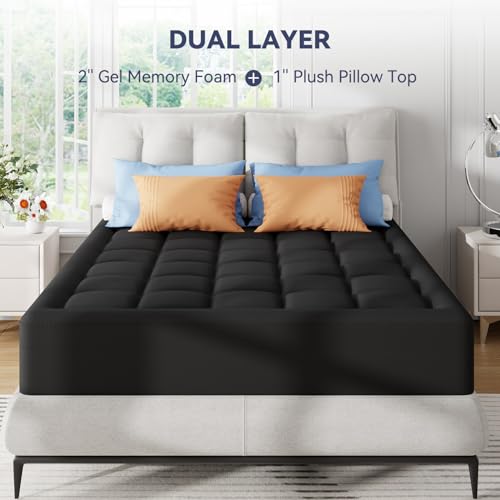 Image of ELEMUSE Dual Layer 3 Inch Memory Foam Mattress Topper Full Size, 2 Inch Cooling Gel Memory Foam Plus 1 Inch Down Alternative Pillowtop Mattress Pad with Cooling Cover, Soft Comfort Support,Black