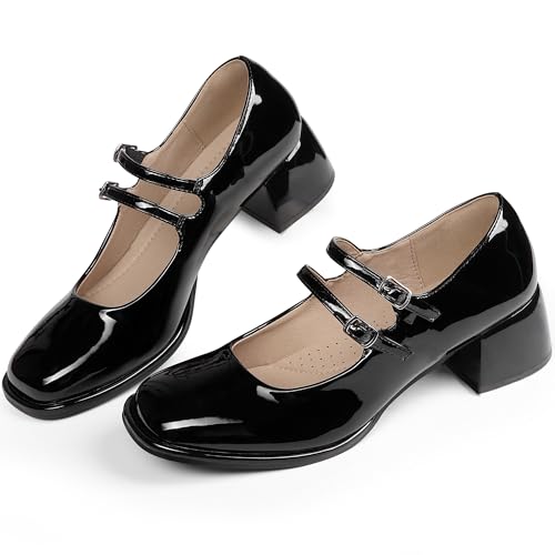 Allegra K Women's Square Toe Ankle Strap Block Heels Mary Janes Pumps Shoes