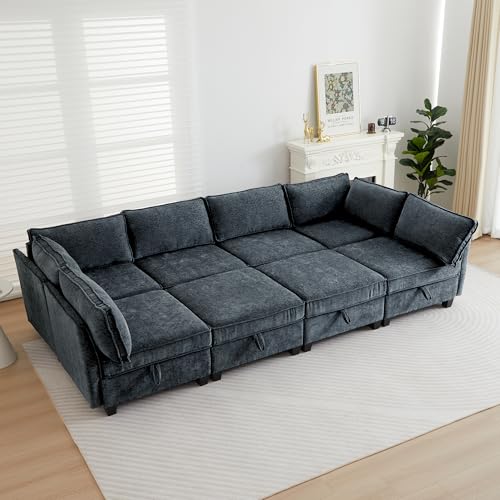 Image of ORRD Oversize Sleeper Modular Sectional Sofa Set, Convertible Couch Bed with Storage, 8 Seater Sofa Modular for Living Room, Office (Blue Grey)