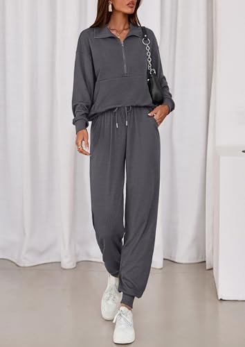 Image of PRETTYGARDEN Women 2 Piece Ribbed Knit Matching Lounge Sets | Comfy Sweat Track Suits, Athleisure Casual Outfit, Half Zip Sweatshirt & Jogger Pants, Fall Winter Clothes for Airport Travel