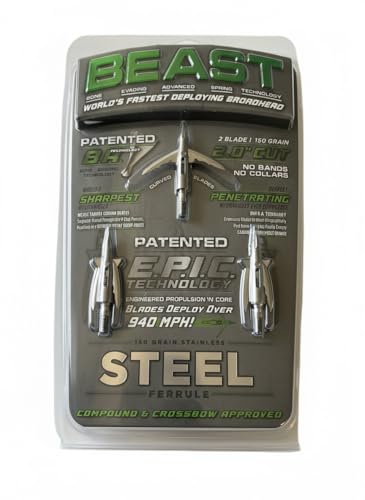 Bowmar Archery Beast Broadheads Worlds Fastest Deploying Sharpest Penetrating Machanicals 3 Stainless Steel Ferrules No Practice Tip (Stainless Steel 150 Grain (2.0 Cut))