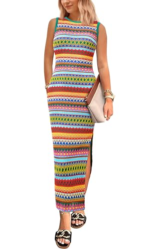 PRETTYGARDEN Womens Maxi Tank Spring Dress Sleeveless Crew Neck Striped Side Slit Casual Long Bodycon Dresses