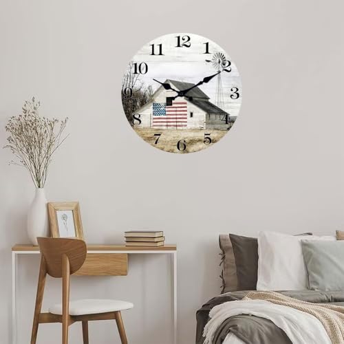 Image of XFM Small Farmhouse Wall Clock 10 Inch Silent | Non-Ticking Battery Operated American Flag Rustic Barn Wooden Decorative for Kitchen Bedroom Office