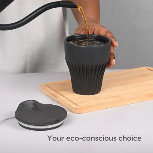 Image of Eha Earth Friendly Rafter Coffee Mug with Lid | Tea Cup Set | 300 ml | Made with Rice Husk | Microwave Safe Mugs for Gifting | 2 Unit | Charcoal