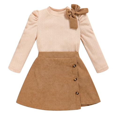 Toddler Girl Plaid Outfits Fall Winter Dress Knit Ribbed Bow Sweatshirt Tops and Button Fashion Skirts Set(Khaki,5T
