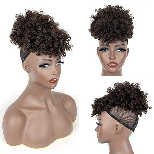 Afro Puff Drawstring Ponytail with Bangs Afro High Puff Bun Ponytail with Afro Puff Bangs Short Afro Kinky Curly Hair Bun Ponytail with Same Texture Bangs Pineapple Updo Hair #2 Nautral Black