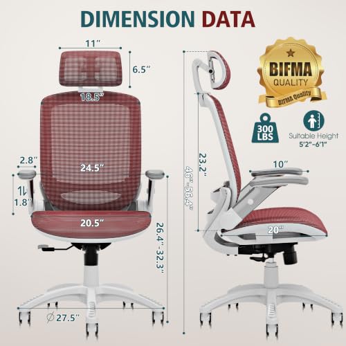Image of GABRYLLY Ergonomic Office Chair, High Back Home Desk Chair with 2D Flip-Up Arms, 3D Headrest, 90-120 Tilt and Wide Cushion, Big and Tall Mesh Chairs for Man Woman, Computer Task Chair Red