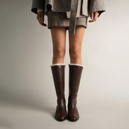 Image of Theater Women Huskies Knee-High Boots with Low Block Heel | Smooth PU Upper with Soft Fleece Lining | Comfortable Wear for Winter & Smart Casual Styling