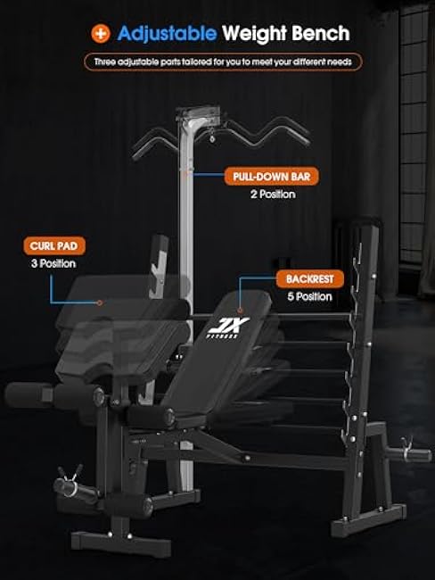JX FITNESS Olympic Weight Bench with LAT Pulldown Pulley System and Preacher Curl Pad, Workout Bench Press Multi-Function Weight Lifting Gym/Home Gym