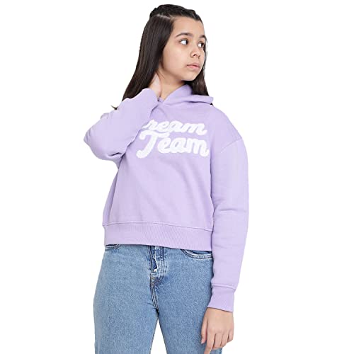 Image of Lil Tomatoes Girls Regular Fit Printed Hood Neck Cotton Fleece Sweatshirt Navy
