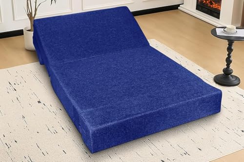 Image of Foldable 1 Seater Sofa Cum Bed, Sofa Bed 3 X 6 Feet, Jute Fabric- Washable Cover- Including One Cushion Perfect for Home & Office - Blue Color