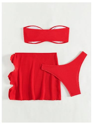 SweatyRocks Women's 3 Piece Bathing Suit Floral Design Strapless High Cut Bikini with Cover Up Skirts Swimsuit2