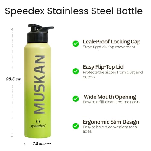 Image of Speedex Customised Stainless Steel Water Bottle 1 Ltr with Name - Personalised Engraved Sipper Cap Bottle for Kids, Men & Women, School, Gym, Office Lime Green, Set of 1