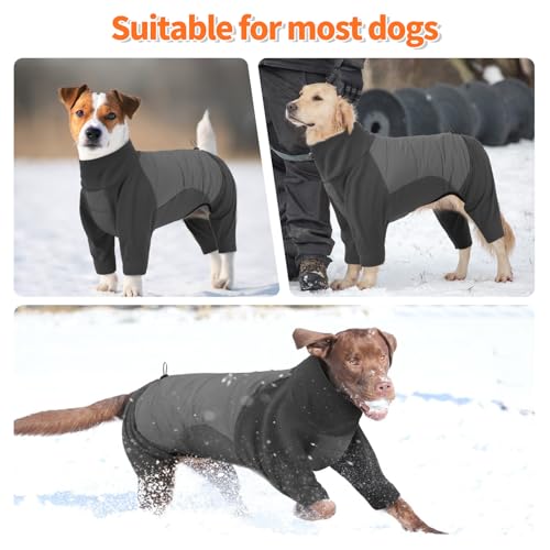 Image of BRKURLEG Full Body Dog Winter Coat Warm Fleece Pullover Pajamas, Four Legs Covered Windproof Dog Jacket for Small to Large Dogs, Turtleneck Dogs Snowsuit, Pet Cold Weather Clothes, Grey XL