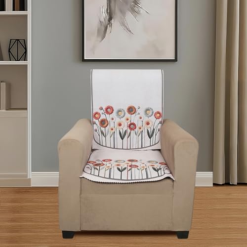 Image of Velvet 5 Seater Sofa Cover with 10 Seat and Back Covers - Floral Daisy Print - Washable Fabric - Stylish Sofa Cover for Modern Living Room (Beige, 5 Seater Without Arm Covers)