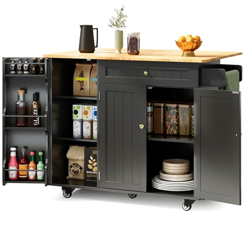 Xbro Isla de Cocina con Tablero Plegable y Ruedas, Carrito de Cocina con 5 Ruedas con Estante y 1 Cajón Mueble Auxiliar de Cocina para Cocina y Comedor, 130 × 75 × 88 cm, Negro
