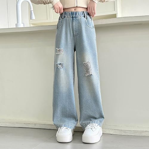 Kids Girls Jeans Distressed Star Applique Elastic Waist Baggy Wide Leg Denim Pants Y2k Streetwear Trousers with Pockets4