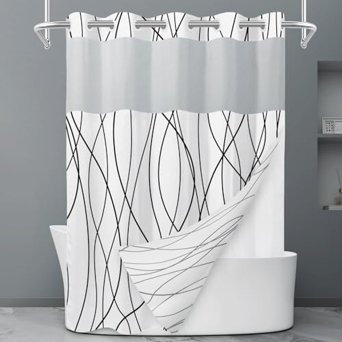 LXBNI Black White Ringless Shower Curtain with Liner, 71 x 77 Inch