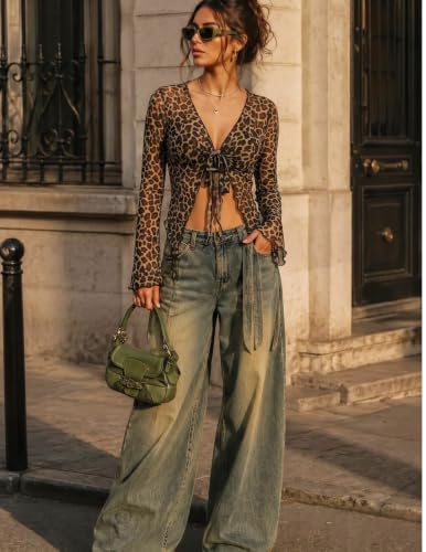Image of Avidlove Women Mesh Crop Top Y2K Tie Front Tops Rave Top Sheer Cardigan Sexy V Neck Outfits S-2XL