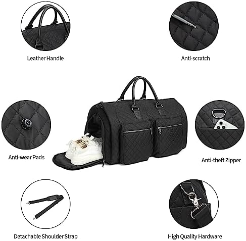 Convertible Carry on Garment Bag for Women,Leather Garment Bags for Travel with Shoe Pouch 2 in 1 Hanging Suitcase Suit Bag for Women Travel Bags for Women Duffle Bag Garment Bag Gifts, A4-Black