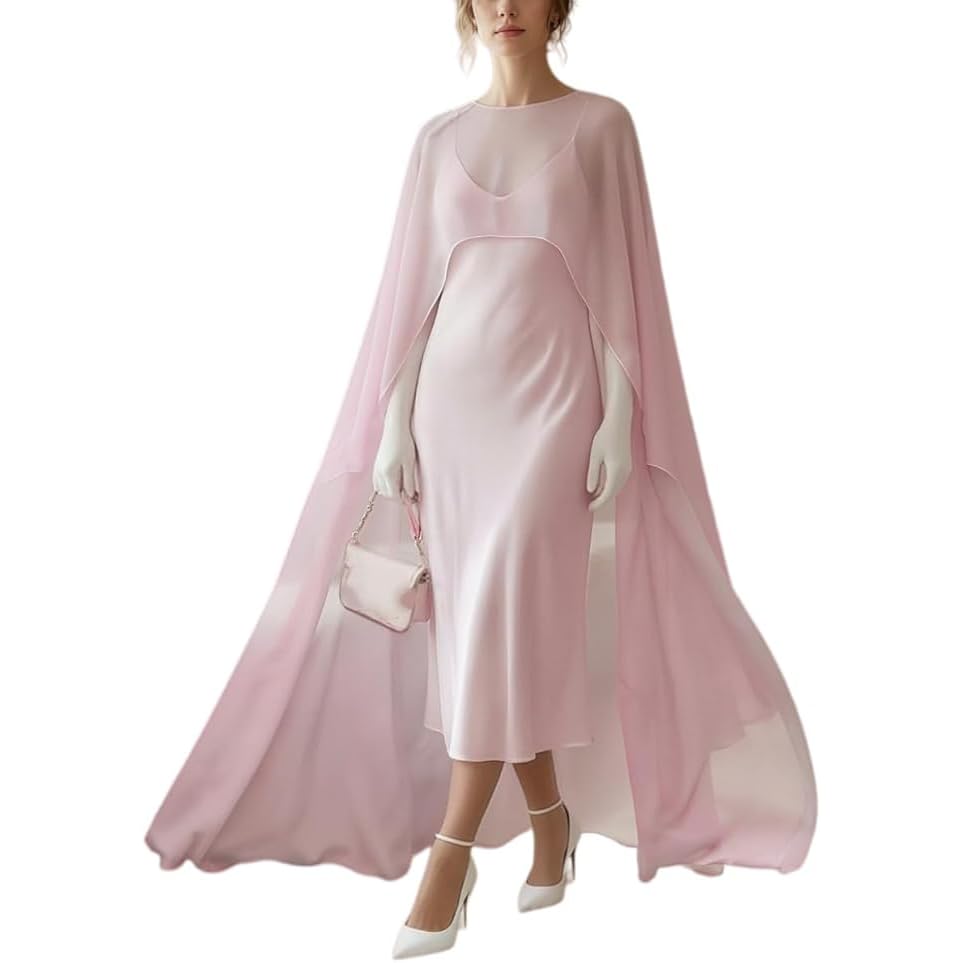 Amiblvowa Women Chiffon Capelet Sheer Mesh Bridal Cape Shawl Wraps Asymmetrical High Low Flowy Wedding Party Cover Up Poncho (Pink ONE SIZE)