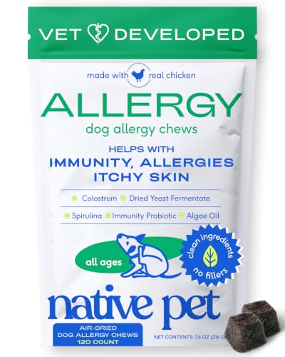 Native Pet Dog Allergy Chews - Dog Allergy Relief for Medium Breeds - Supports Seasonal Itch Relief Healthy Immune Function & Reduces Sneezing - Colostrum Spirulina & Probiotics - 120 Days Supply