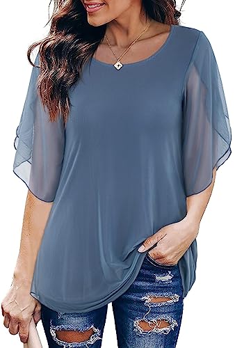 Sese Code Womens Flowy Tops Plus Size Evening Formal Scoop Neck Chiffon Blouse Sheer Mesh Shirt Bell Sleeve Tops For Women Spring Casual Tunic 2022 Blue Grey 3Xl #TOP1