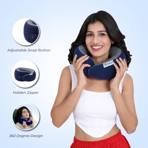 Image of Billebon Memory Foam Neck Pillow with Cooling Gel, Snake Shape Travel Pillow with Snap Button, Neck Rest for Travelling & Flight Travel, Ergonomic Support for Comfort & Pain Relief (Navy Blue)