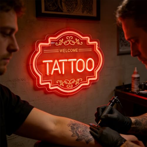 Image of Tattoo LED Neon Sign, 14 x 11 In Dimmable Light Up Wall Decor | USB Powered Light up Signs Decor for Bussiness Shop Studio & Salon, Gift for Artists