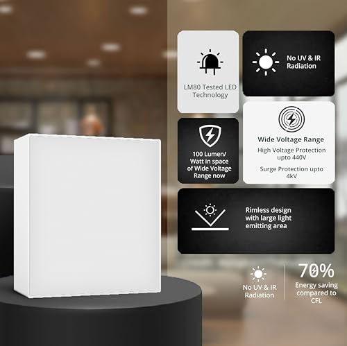 Wipro Garnet 12W Rimless Square Led Surface Panel | Cool White Light (6500K) | Elegant Rimless Design for Wider Spread of Light | Surface Mounted Led Down Light for Ceiling | Pack of 4 4 41B91Aw+OtL