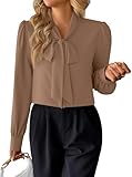 Avanova Women Bow Tie Neck Long Sleeve Blouses Tops Dressy Casual Elegant Work Shirts Khaki Large