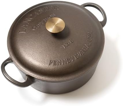 Lancaster Cast Iron 5 Qt. Dutch Oven - Made in the USA - Smooth cooking surface - Self Basting Lid with a solid Brass Knob