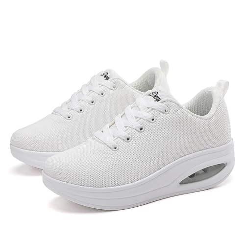 RUIDENG Zapatos para caminar para mujer, con cojín de aire, zapatos de enfermera, antideslizantes, para el trabajo, correr, servicio de alimentos, zapatos de plataforma cómodos y ligeros, Blanco (All