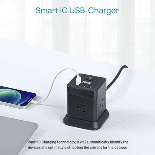 Power Strip with USB C, FDTEK Flat Plug Extension Cord with 4 Outlets and 3 USB Ports 10 FT Desk Power Strip Cube Overload Protection Compact Portable for Travel Home Office Cruise Ship - Black - Thumbnail 5