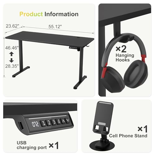 Image of Furmax 55 Inches Electric Standing Desk, Home Office Desk with Phone Holder