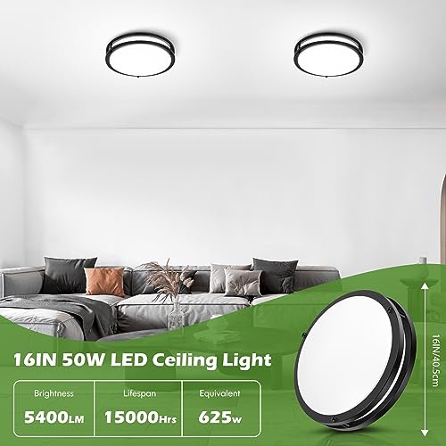 Image of 2-Pack 50W Dimmable Flush Mount Ceiling Lights, 16 Inch Black LED Ceiling Light with 5 Color Temperatures in One Selectable, 5400LM Modern Close to Ceiling Light Fixtures for Livingroom Dining Hallway