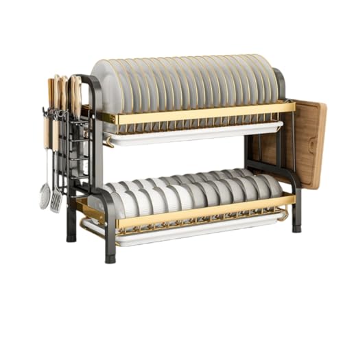 GEGEBOMTXO 水切りラック 食器水切り 2段/3段 ッチンドレンラック 水切りかご キッチン収納ラック 食器水切り器 台所用品ホルダ 大容量 省スペース 組み立て簡単 箸立て 包丁スタンド まな板立て 水受けトレー付き (ブラックゴールド,2層(5