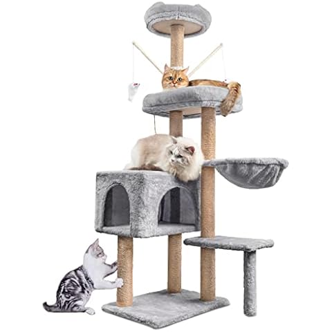 Kratzbaum, 145 cm Aufgerüstet Katzenbaum Kletterturm, Katzen Kletterbaum Aktivitätskratzbäum Katzenmöbel mit Sisal, Katzenspielzeug, Katzen Höhle, Grau Cover
