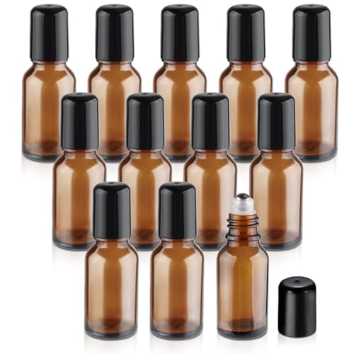 12 Pcs Essential Oil Roller Bottles Amber Glass Roller Bottles Refillable Cosmetic Vials Containers with Stainless Steel Roller Balls & Black Lid - 15ml/0.5oz