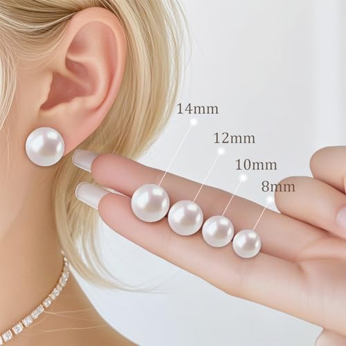 4 Pairs Pearl Stud Earrings 14K Plated Gold Sterling Silver Hypoallergenic Earring stud Flat Round Large size pearl 8mm-14mm Set Earrings for women3