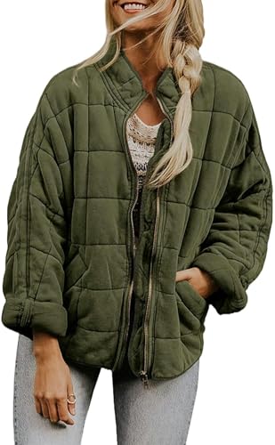 Chaqueta de algodón con Cuello Alto y Bolsillos Holgados, Chaqueta de Manga Larga para Mujer, Verde Militar, XL