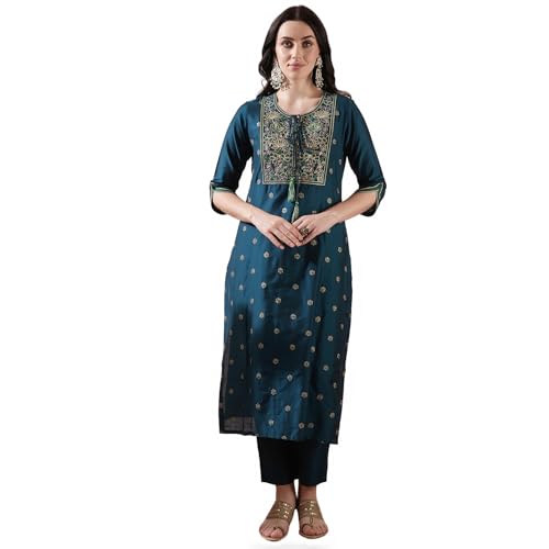 Image of Globus Women Taupe Embroidered Straight Kurta Set with Trouser-3638120001