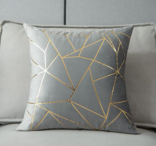 Yongliu Pack Of 2 Velvet Cushion Cases Decorative Gold Foil Geometric Pattern Throw Pillow Covers For Modern Homes Couch Sofa Bedroom Living Room(Gray And Gold, 18“X18”) #TOP1