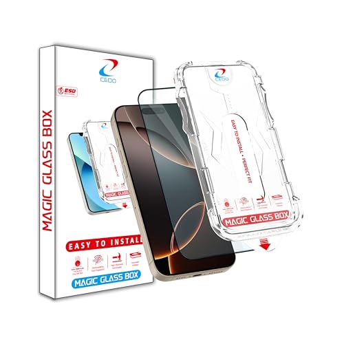 Image of CEDO Magic Box Tempered Glass for iPhone 16 Pro | Dust & Bublle Free Installation Screen Protector with auto Alignment Tool | HD Clear Quality Tempered Glass with Easy Installation Kit (Black)