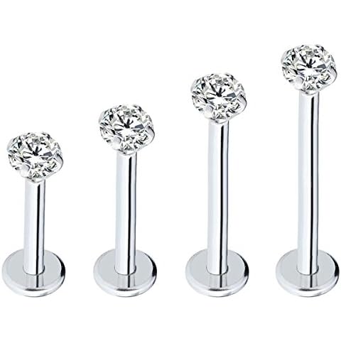 Injoy Jewelry 16G Stainless Steel 3mm Round Cubic Zircon Lip Studs Labret Monroe Nose Tragus Helix Ear Piercing Jewelry 6-12mm Bar Length, 4 PCS Cover