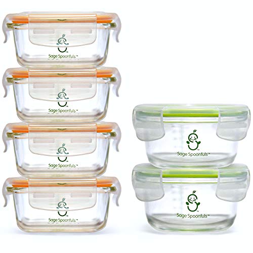 Image of Sage Spoonfuls Glass Baby Food Containers with Lids - 6 Pack, 4 oz & 7oz Baby Food Jars, Durable, Leakproof, Airtight, Freezer Storage, Reusable Glass Baby Food Containers, Microwave & Dishwasher Safe