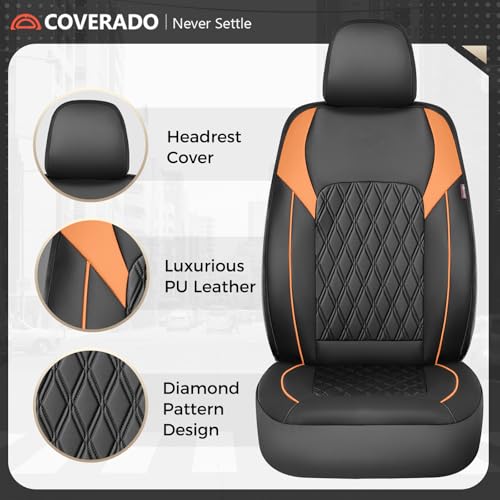 Image of Coverado Seat Covers for Cars, Automotive Seat Covers Front Seats, Waterproof Car Seat Covers, Car Seat Cushion, Faux Leather Car Seat Protector Carseat Cover Universal Fit Most Cars, Black&Orange