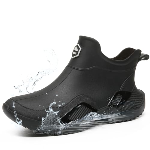 Image of Men's Ankle Rain Boots - Slip On Waterproof Garden Shoes - Comfortable Lightweight Black Rubber Fishing shoes