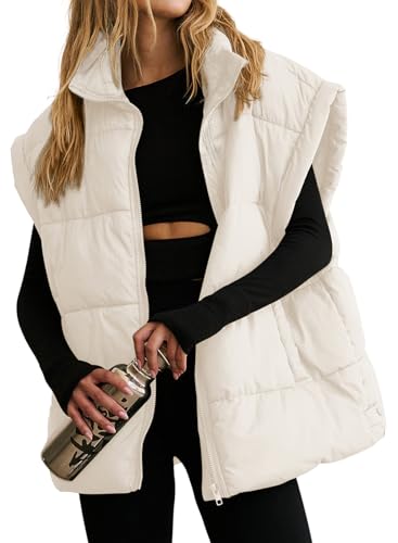 Dokotoo Womens Plus Size Apricot Puffer Vest Warm Stand Collar Cropped Casual Zip Padded Vest Sleeveless Outerwear Jacket Winter Coats for Women Quilted Vest with Pockets XX-Large