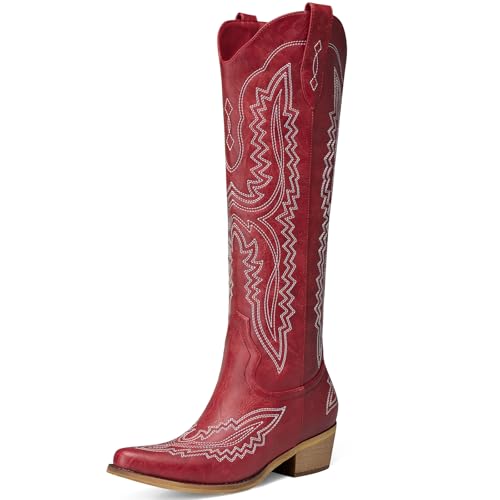 TEMOFON Red Cowboy Boots for Women: Knee High Pointed Toe Cowgirl Boots